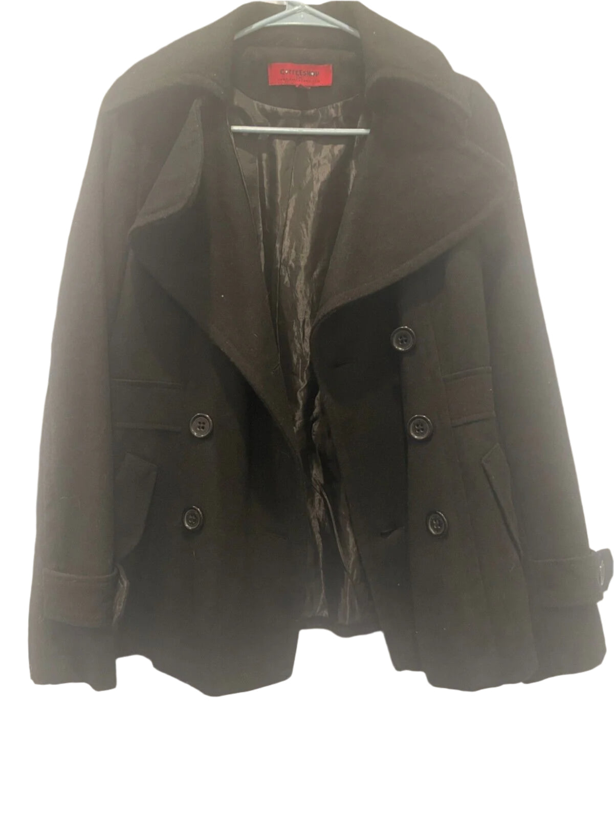 Women Size XS Wool Coffee Shop Black Pea Coat Jacket Coffeeshop Company - Very Good
