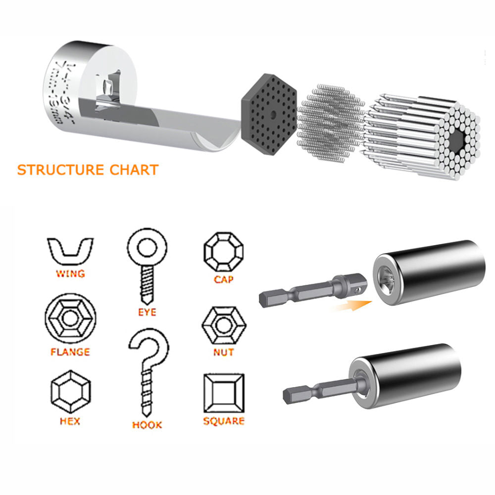 Llave de tubo universal con adaptador: se adapta a estándares de 1/4"-3/4", se adapta a vasos métricos de 7 a 19 mm, herramientas portátiles, llave multifunción, adaptador de acero cromado