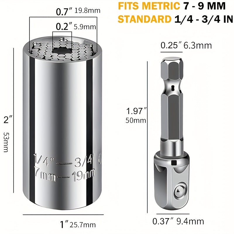 Llave de tubo universal con adaptador: se adapta a estándares de 1/4"-3/4", se adapta a vasos métricos de 7 a 19 mm, herramientas portátiles, llave multifunción, adaptador de acero cromado