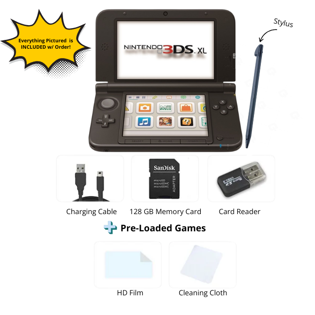Nintendo 3DS XL LL Video Game Console Restored - Black - 128GB - Custom Bundle