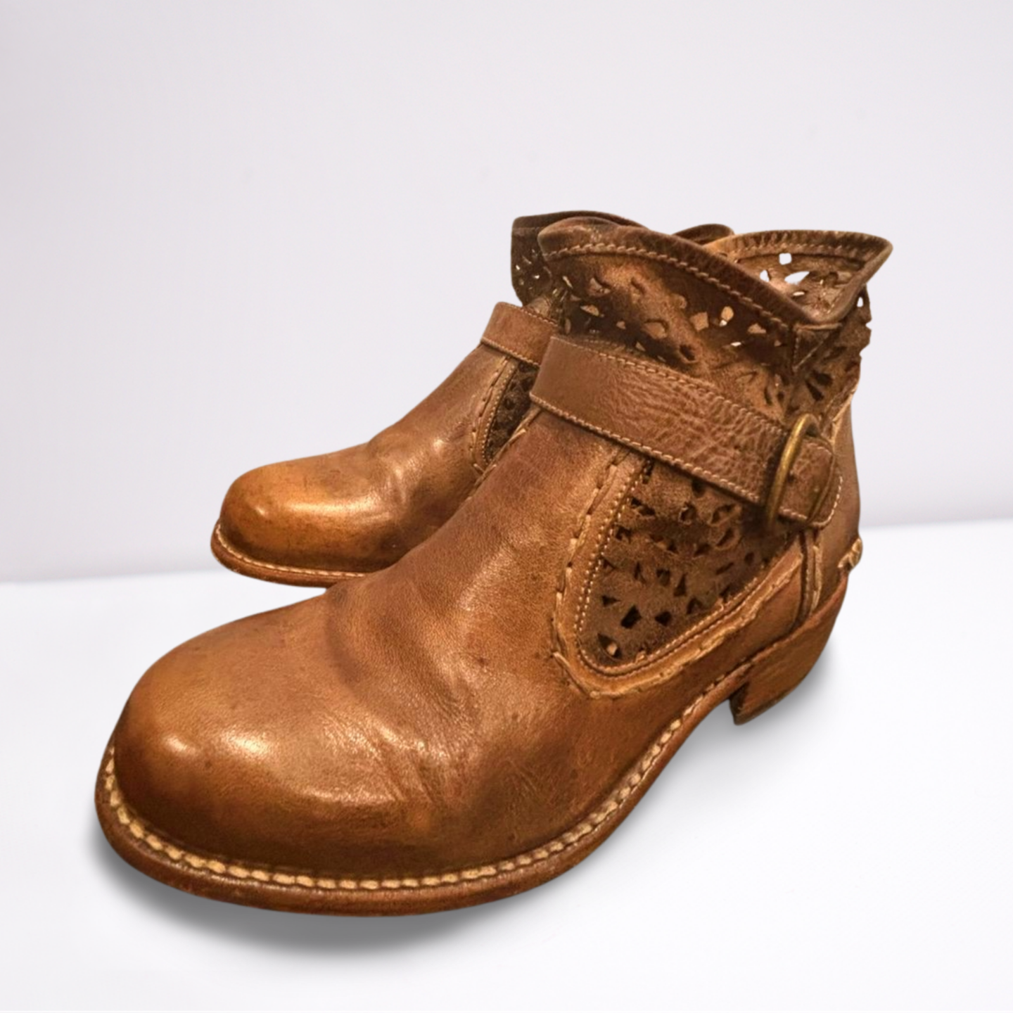 BED STU Womens Boots Ankle Zip Perforated Leather - Brown - 9 - Very Good
