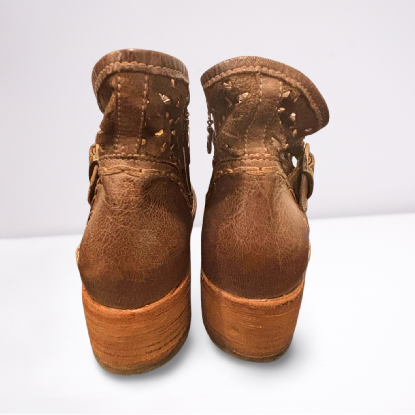 BED STU Womens Boots Ankle Zip Perforated Leather - Brown - 9 - Very Good