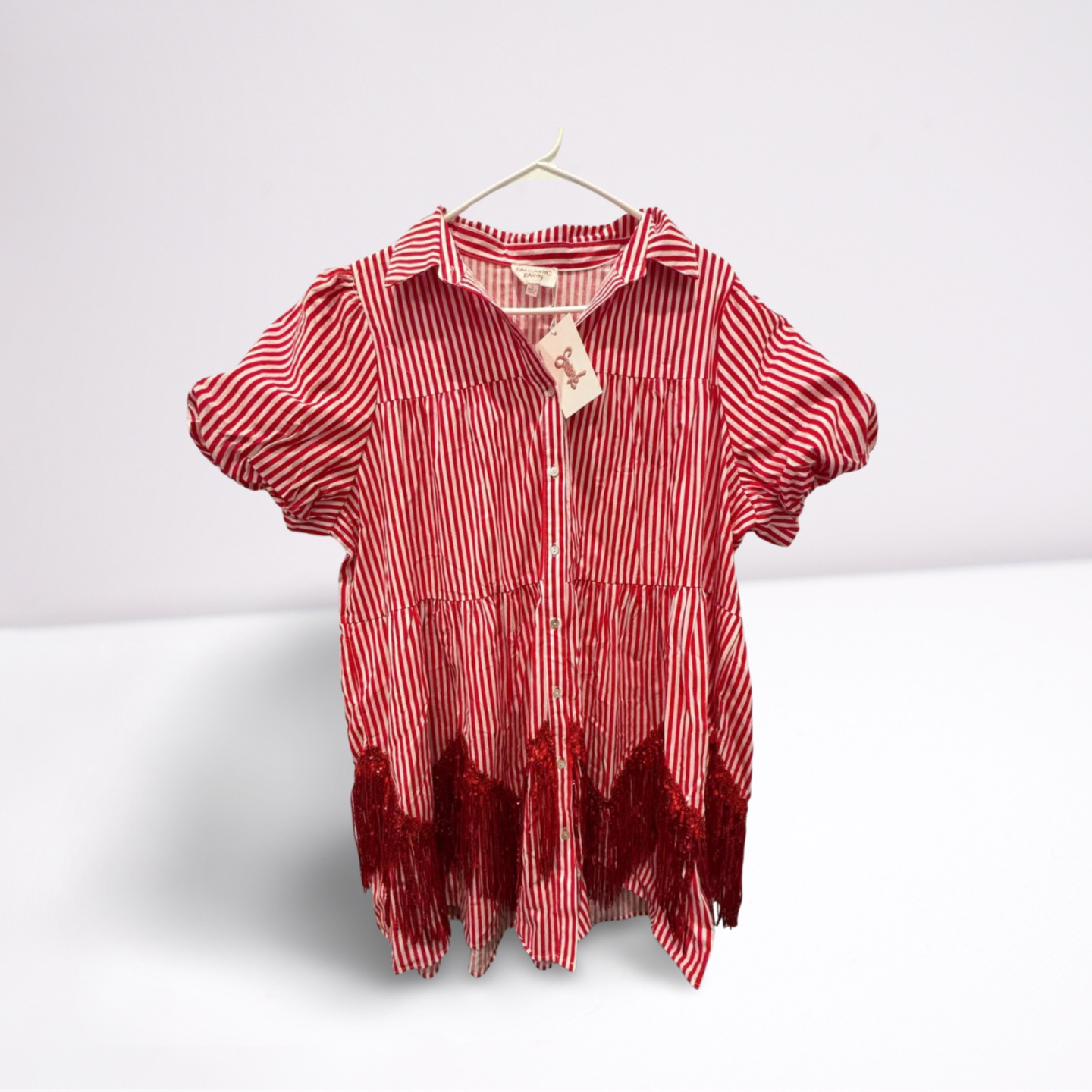 Fantastic Fawn Womens Dress Sierra Fringe Babydoll - RedWhite - Large - New