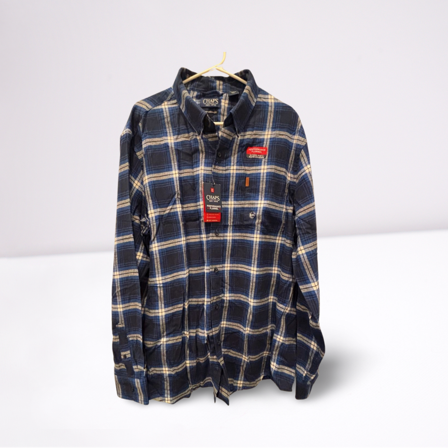 Chaps Mens Polo Shirt Performance Plaid Collared - Blue - XXL - Like New