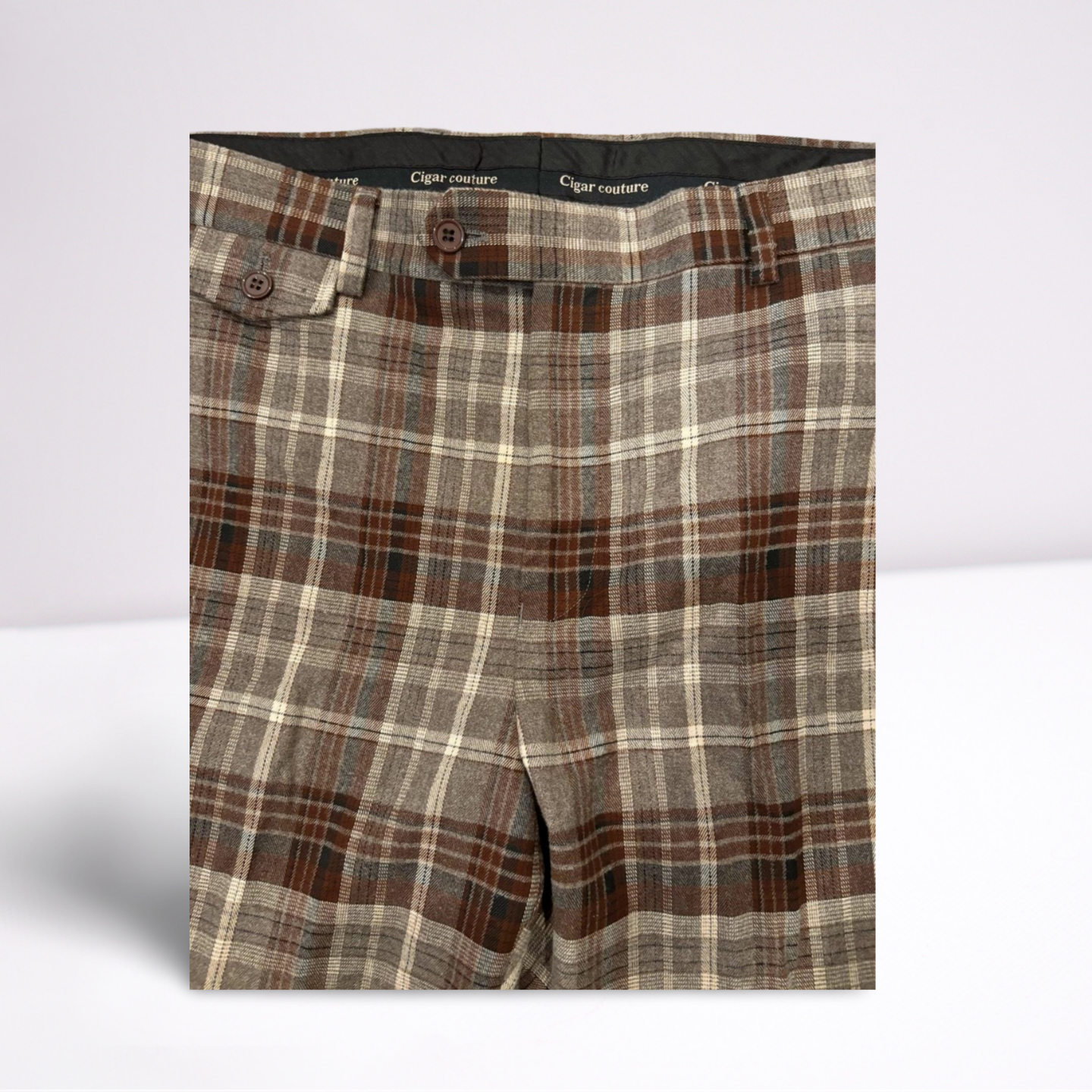 Cigar Couture Mens Trousers Casual Pants - Plaid - BrownGrayWhiteBlack - 38x30 - Very Good
