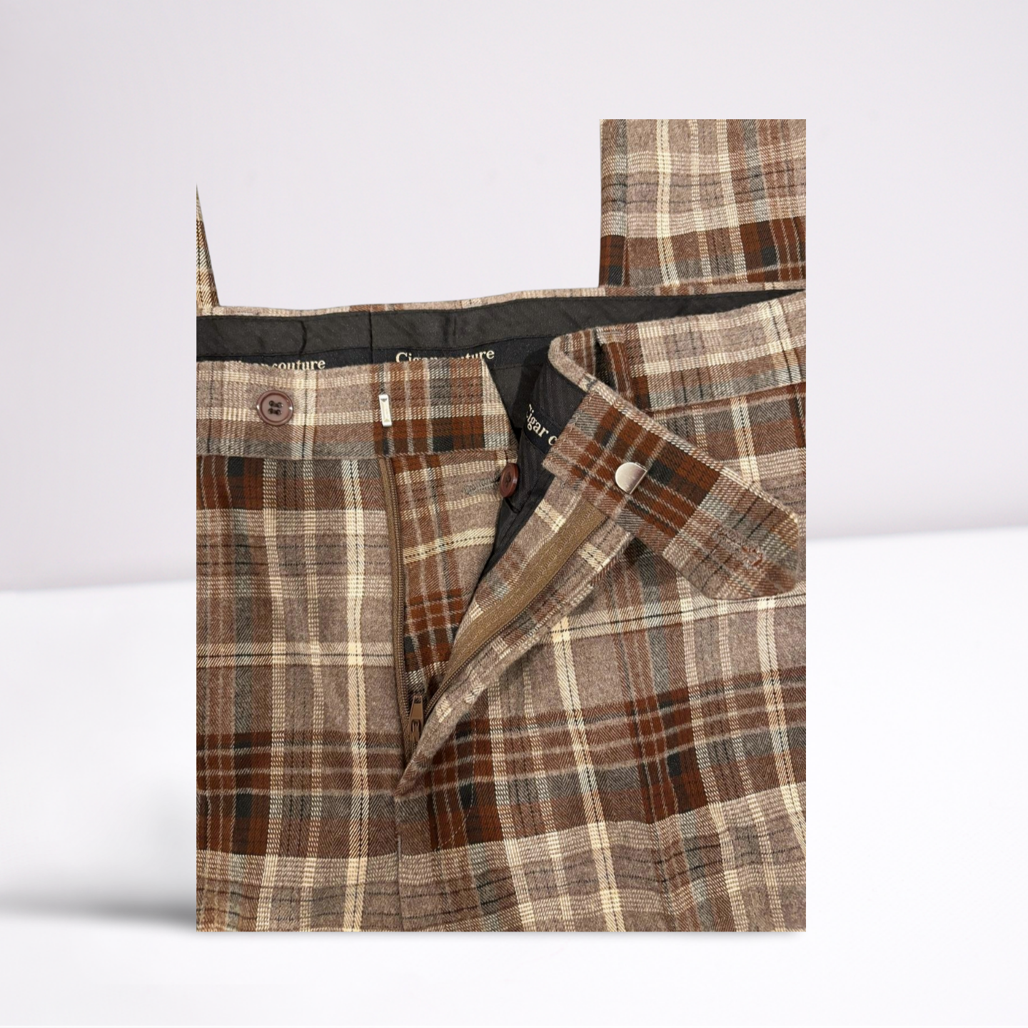 Cigar Couture Mens Trousers Casual Pants - Plaid - BrownGrayWhiteBlack - 38x30 - Very Good
