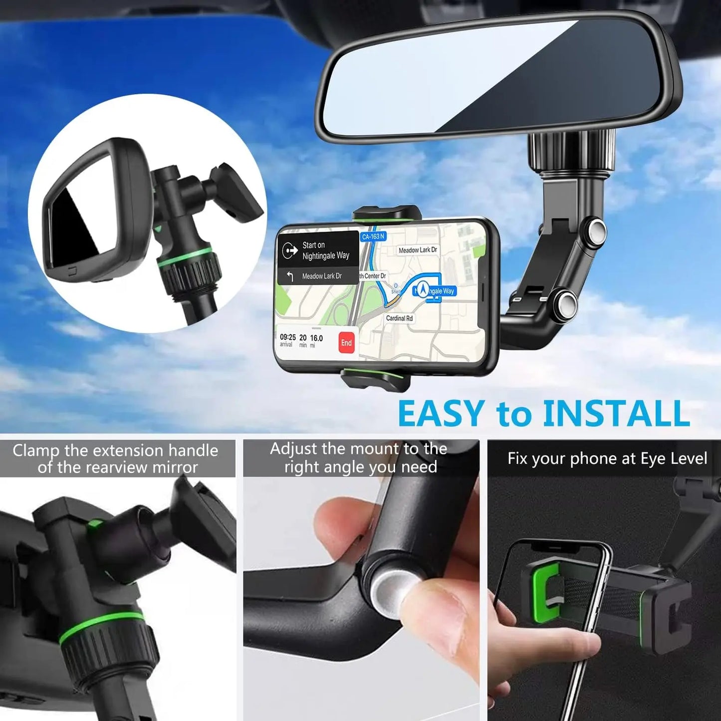 360 Car Phone Holder Rearview Mirror Mount - Rotatable & Retractable Multifunctional Universal Cell Phone Holder - New