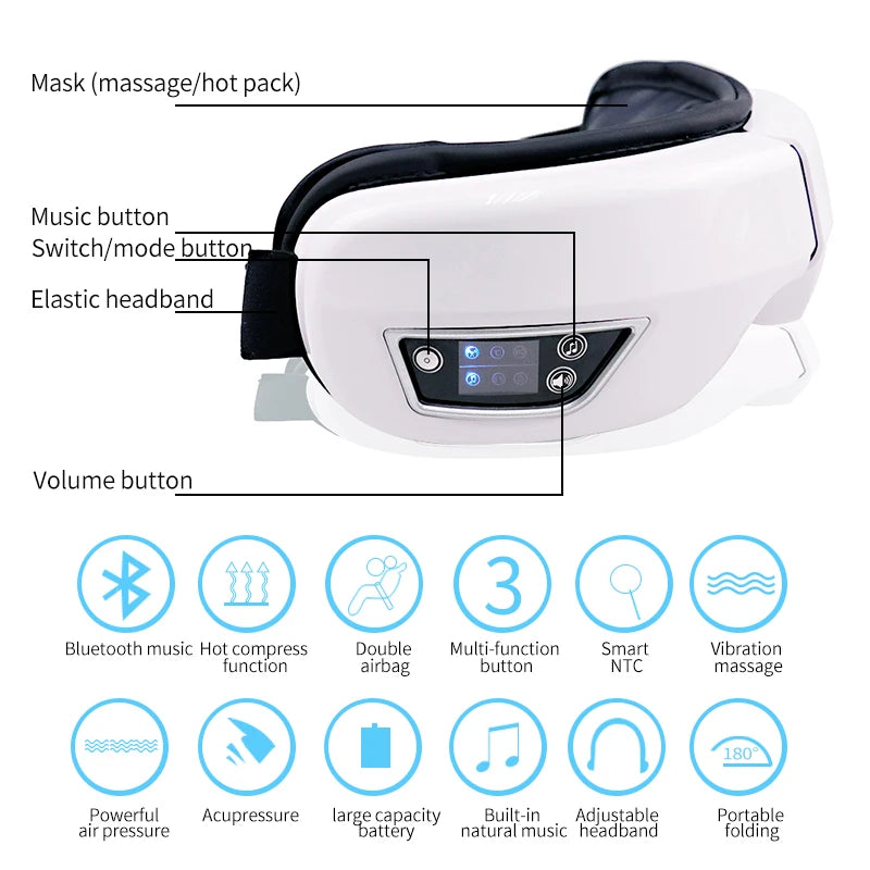 Smart Eye Massager with Heat - Air Pressure, Vibration & Compression for Headaches & Relaxation - Bluetooth Music, Foldable & Portable - New