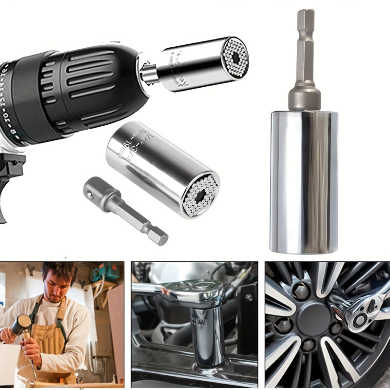 Llave de tubo universal con adaptador: se adapta a estándares de 1/4"-3/4", se adapta a vasos métricos de 7 a 19 mm, herramientas portátiles, llave multifunción, adaptador de acero cromado