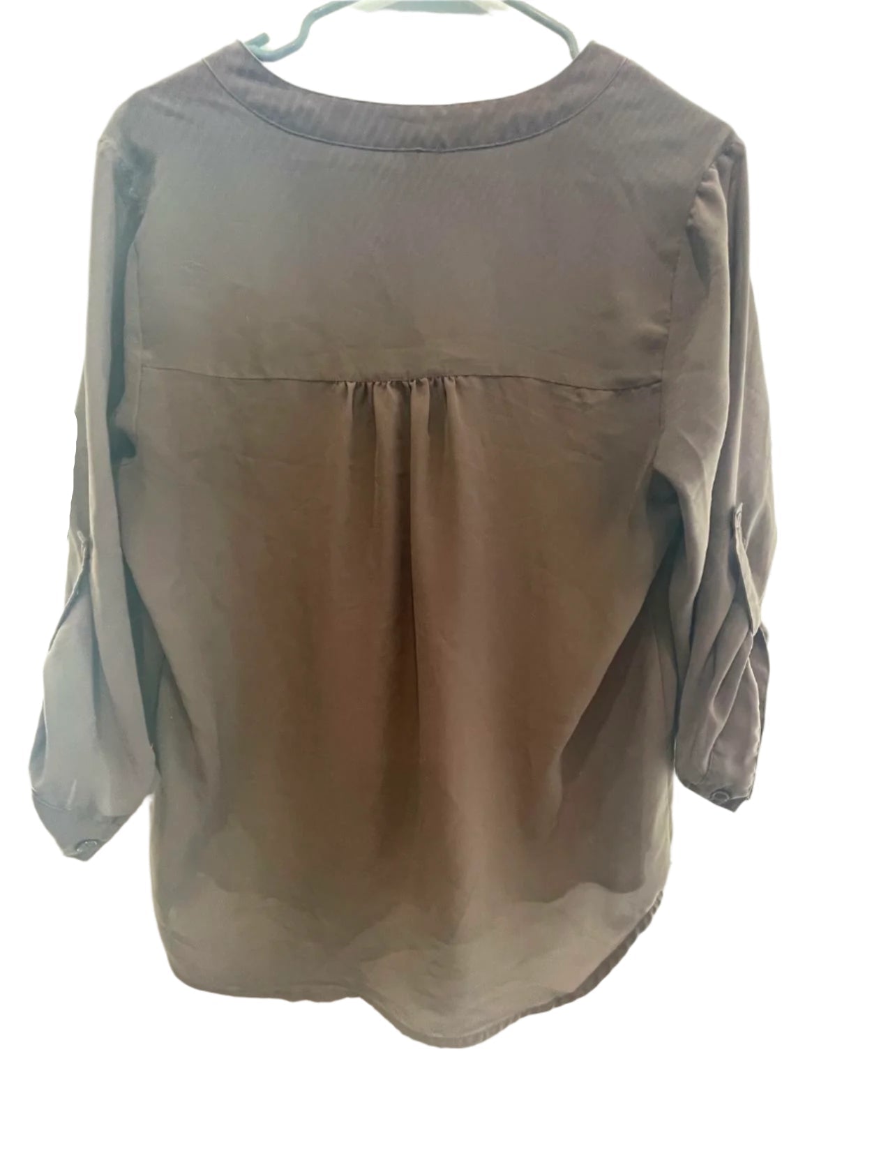 Zenana Premium Womens Top V-Neck Rolled 34 Sleeves High Low Rounded Hem - Brown - Large - Very Good