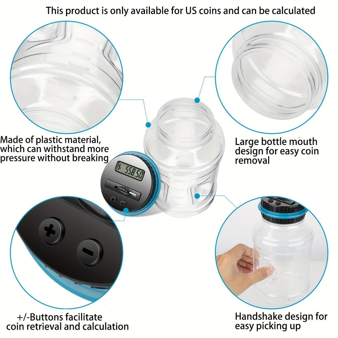 Digital US Coin Counting Money Jar - Transparent - Large Capacity