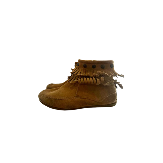 Minnetonka Womens Moccasins 697T Double Fringe Side Zip - Brown - 8 - Good
