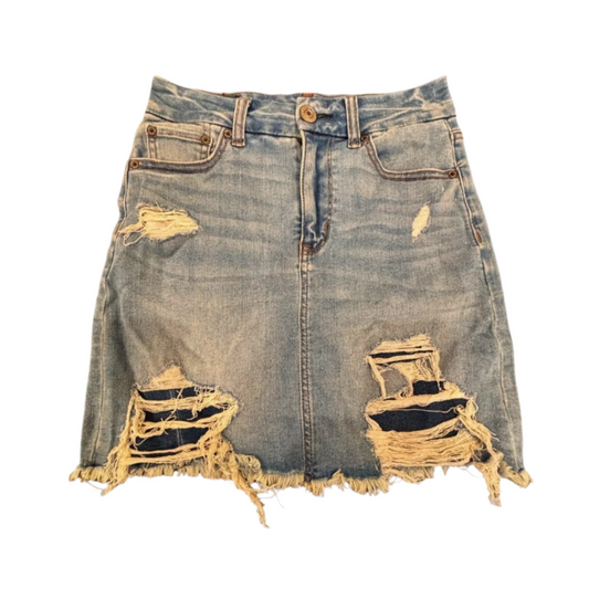 American Eagle Womens Denim Skirt Medium Wash Distressed Next Level Stetch - Blue - 8 - Very Good