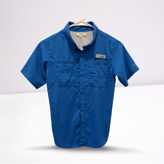 Columbia Youth Boys Short Sleeve Button Down Shirt Outdoor Fishing - Blue - Medium - Very good