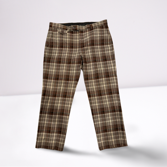 Cigar Couture Mens Trousers Casual Pants - Plaid - BrownGrayWhiteBlack - 38x30 - Very Good