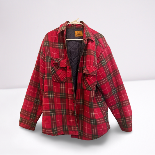 St. Johns Bay Mens Jacket Vintage Plaid Button - Red - Large - Very Good