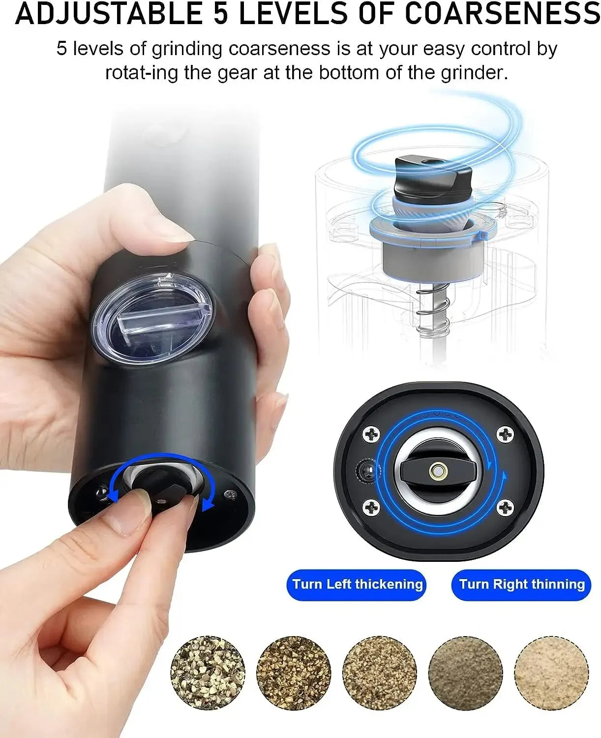 Electric Salt & Pepper Grinder 2-Piece Set - Adjustable Coarseness Refillable Mill - Battery Powered & Rechargeable