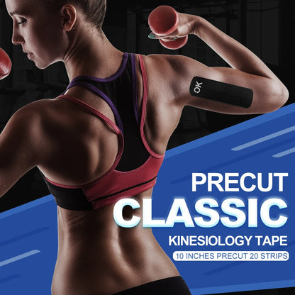 OK Tape 4-Pack Pre-Cut Kinesiology Tape - 20 Strips - Latex Free Sports & Ortho Injury Support, Stabilization, & Performance Enhancement - New