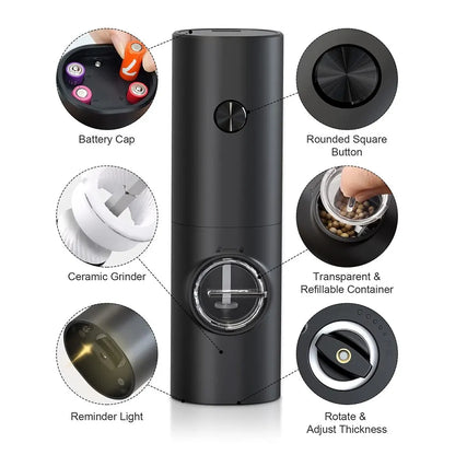 Electric Salt & Pepper Grinder 2-Piece Set - Adjustable Coarseness Refillable Mill - Battery Powered & Rechargeable