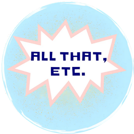 Round sticker with 'ALL THAT, ETC.' text on a blue gradient background