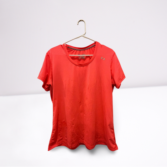 Under Armour Womens T-Shirt HEATGEAR Fitted - Coral Pink - XL - Very Good