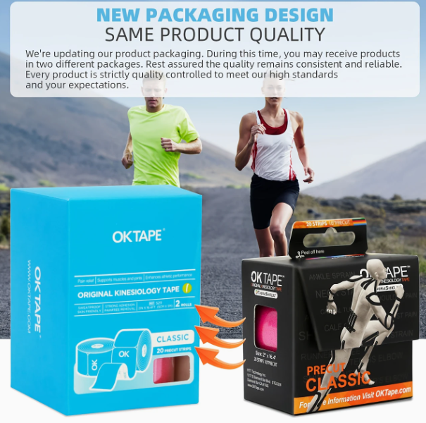 OK Tape 2-Pack Pre-Cut Kinesiology Tape - 20 Strips - 2" x 16.4' per roll - Latex Free - Sports & Ortho Injury Support, Stabilization, & Performance Enhancement