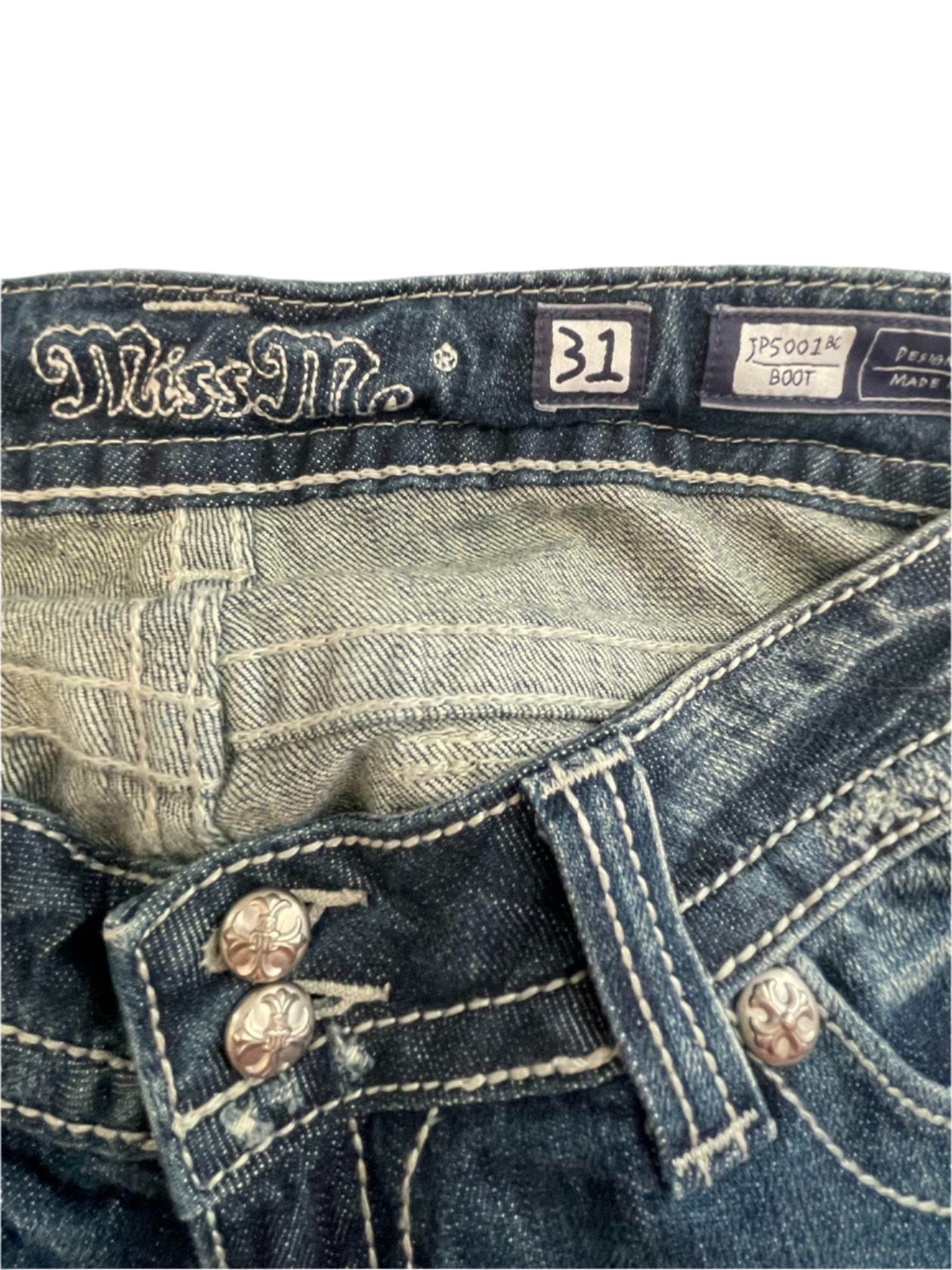 MISS ME Womens Jeans JP5001BC Embellished Bling Flap Distressed Boot Cut - Blue - 31 - Very Good